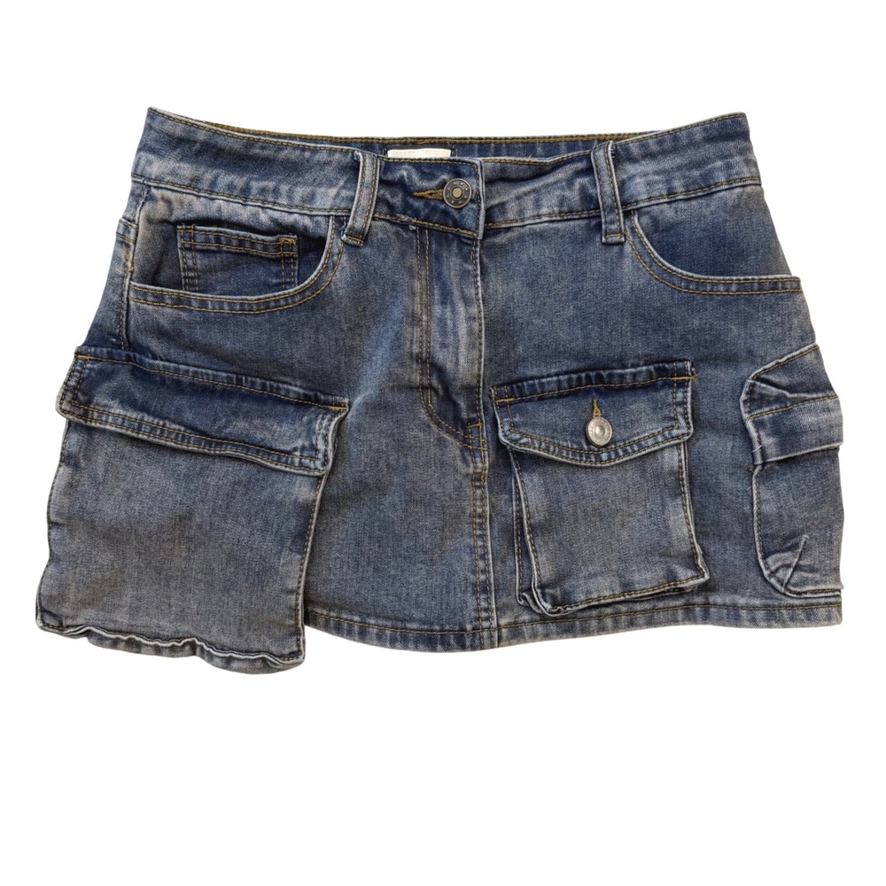 Immodel Premium Denim Utility Cargo Skort Mini Blue Medium Wash Y2K Style M
